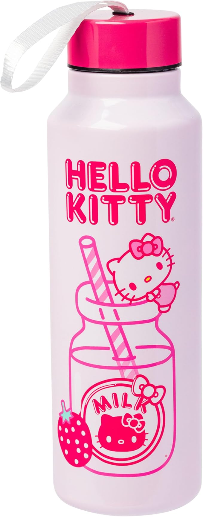 Silver Buffalo Hello Kitty Kawaii Strawberry Milk Pink Stainless Steel Water Bottle with Strap, 27 Ounces