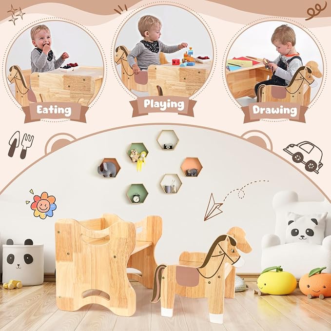 Grebarley Montessori Weaning Table and Chair Set, Solid Wood Tables and Chairs for Toddlers Age 1-3, Real Hardwood 2 in 1 Desk for Reading, Snack Time, Activity Cube, Step Stool, Montessori Furniture