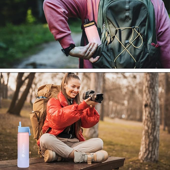 Water Bottle 22oz, Triple Walled Insulated Stainless Steel Reusable Bottle, Silicone Sleeve, Cleaning Brush, 2 Lids (Spout lid & Straw lid w/2 straw), Metal Mug Gallon, BPA Free, Pinky
