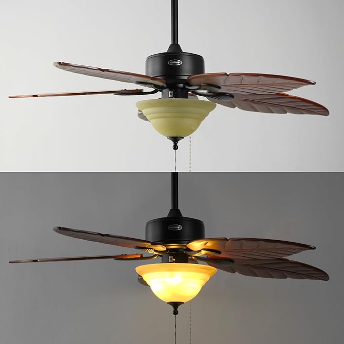 JONATHAN Y JYL9720B Poinciana 52" 3-Light Coastal Bohemian Iron/Wood Palm Leaf LED Ceiling Fan with Pull Chain Rustic, Eclectic, Transitional, Office, Living Room, Dining Room, Bedroom, Dark Brown