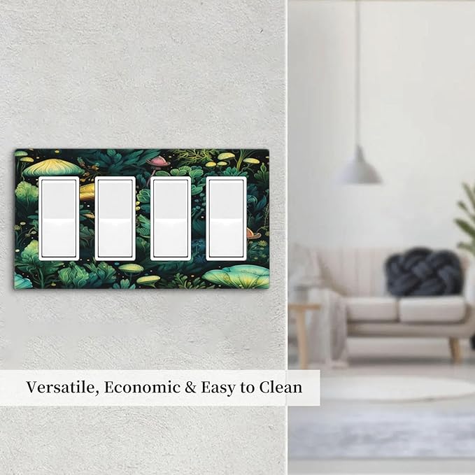 Green Dark Forest Mystical Mushroom 4 Gang Rocker Decora Light Switch Cover Outlet Covers Wall Plate Decorative Switchplate Electrical Faceplate GFCI for Country Bathroom Bedroom Kitchen Decor