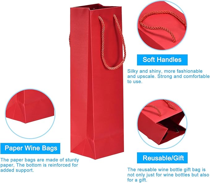 uxcell Wine Bags, 12pcs Red 4 x 4 x 14 In Wine Gift Bags with Rope Handles Paper Wine Tote Bag for Wedding Birthday Christmas Party Supplies