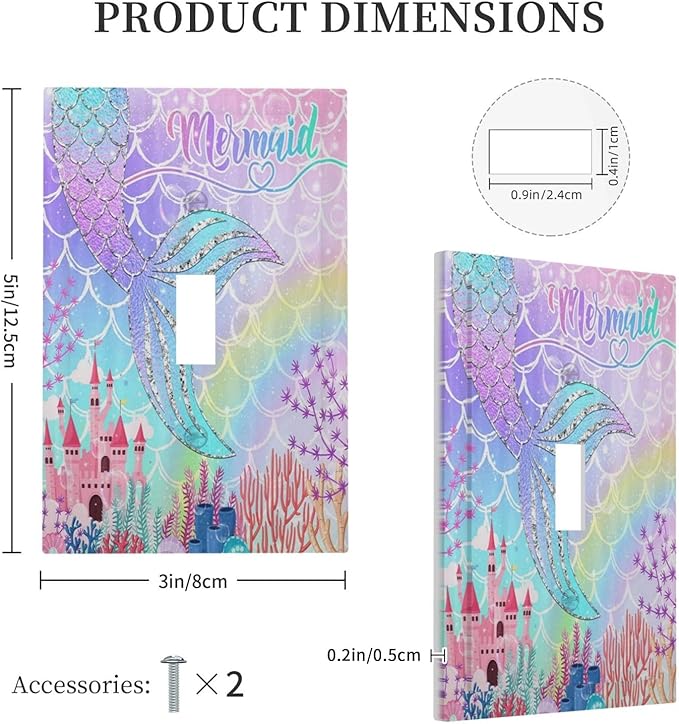 Silvery Glitter Cute Mermaid Tail Fantasy Castle 1 Gang Light Switch Covers Single Toggle Wall Plate Decorative Switchcover Electrical Switchplate for Kidroom Nursery Bedroom Kitchen Decor