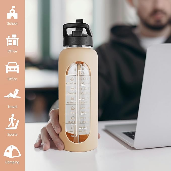 SIEROZUR 32 oz Glass Water Bottle with Straw and Handle Large Sports Motivational Water Bottle with Time Marker and 2 Lids, Leakproof Reusable Water Jug with Silicone Sleeve for Gym