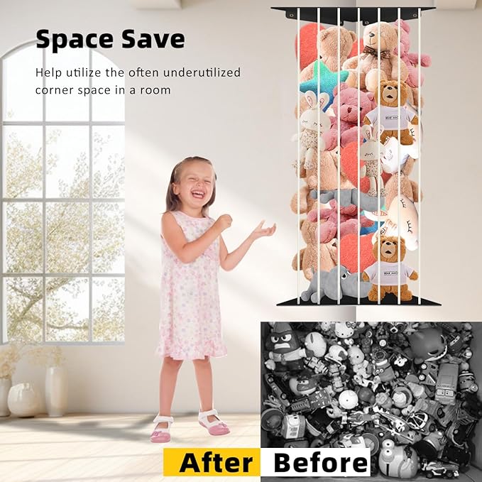 Toy Storage Organizer Corner Stuffed Animal Plush Toy Storage Kids Room Holder with Length Adjustable Large Toys Wall Hanging Shelf for Nursery Playroom Bedroom Sturdy Metal Black