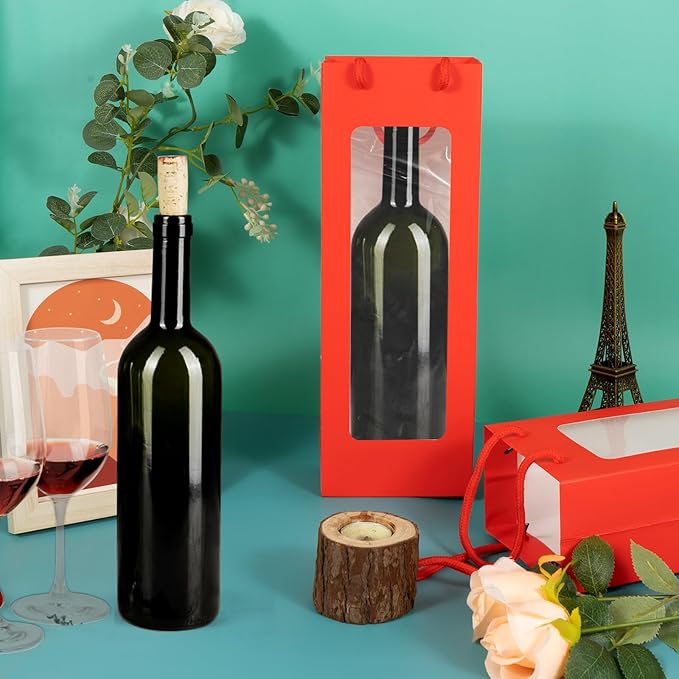 Cyblinia Wine Gift Bags with Window,20 Pack Paper Wine Bags 4.9 x 3.4 x 14.2 Inch Kraft Paper Flower Wrapping Bags Wine Bags for Wine Bottle and Gifts,Wedding,Birthday,Christmas