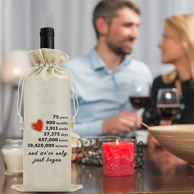 Sfodiary 75th Year Marriage Gift for Couple Wife Husband Wine Bag 75th Anniversary Wedding Gift for Women Men Wine Gift Bag Birthday Christmas Valentine Gift for Him Her Drawstring Wine Wrapping Bag