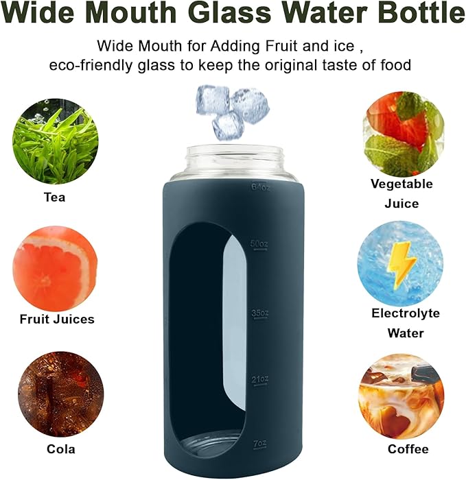 64 Oz Glass Water Bottle with Straw and Lid, Sports Motivational Water Bottle, Leakproof Water Jug Fitness with Silicone Sleeve for Gym, Blue