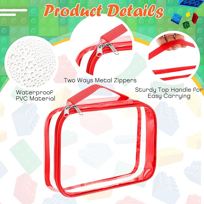Sanwuta 3 Packs Toy Storage Bags with Zipper, Clear PVC Organizing Bags, Waterproof Toy Bags for Board Games, Building Blocks, Toys and Kids Books (Red, Yellow, Green,10.24 x 7.09 x 2.36 Inch)