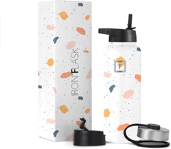 IRON °FLASK Sports Water Bottle - Wide Mouth with 3 Spout Lids - Stainless Steel Gym & Outdoor Bottles for Men, Women & Kids - Double Walled, Insulated Thermos, Metal Canteen - Terrazzo, 40 Oz