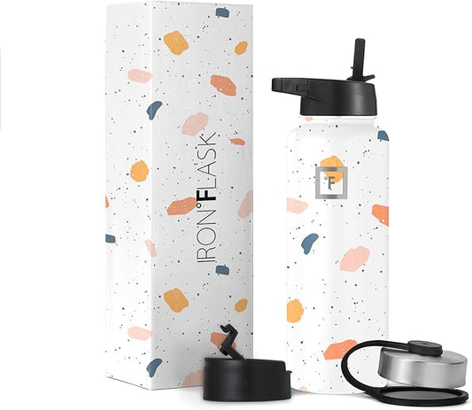 IRON °FLASK Sports Water Bottle - Wide Mouth with 3 Spout Lids - Stainless Steel Gym & Outdoor Bottles for Men, Women & Kids - Double Walled, Insulated Thermos, Metal Canteen - Terrazzo, 40 Oz