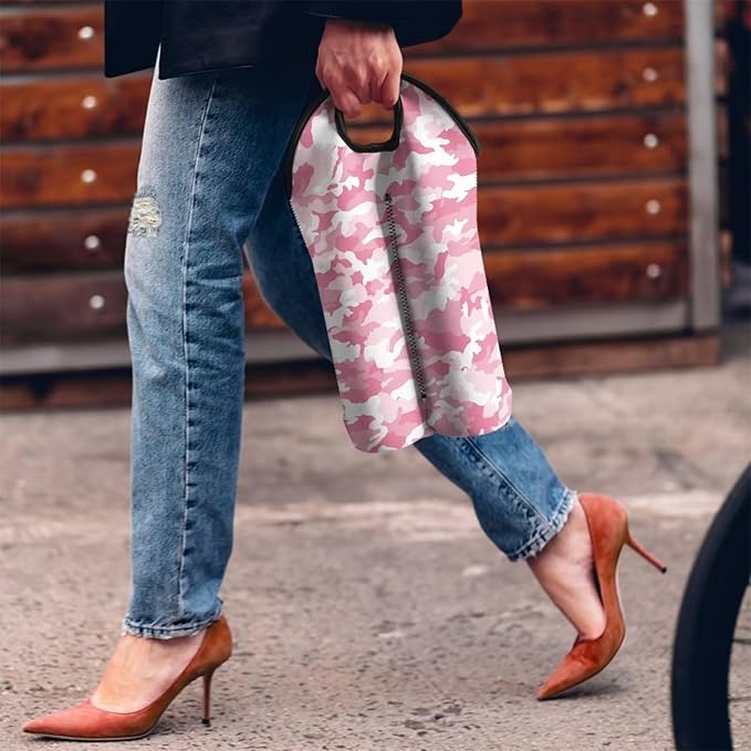 doginthehole 2 Bottle Insulated Wine Cooler Bag Camo Design Wine Carrier Tote Bag Pink Wine Bag Neoprene Champagne Bottle Protector Sleeve for Travel, Picnic, Party for Women Men Wine Lovers