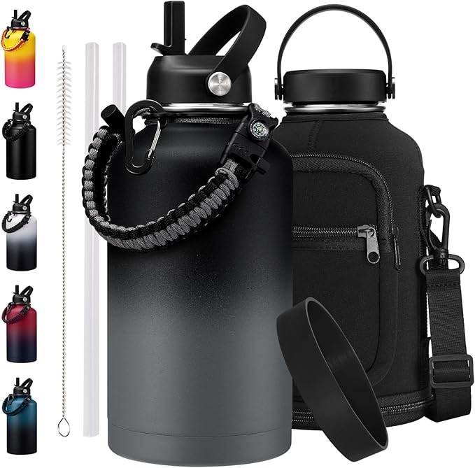 Stainless Steel 64 oz Water Bottle with Straw - Leakproof Insulated Flask for Hiking Camping Cycling