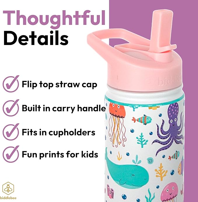 Biddlebee Kids Water Bottle with Straw Lid | 14oz Insulated Stainless Steel Reusable Bottles for School | Leak Proof Cap with Handle & Touch Free Spout | Great for Boys & Girls (Under the Sea)