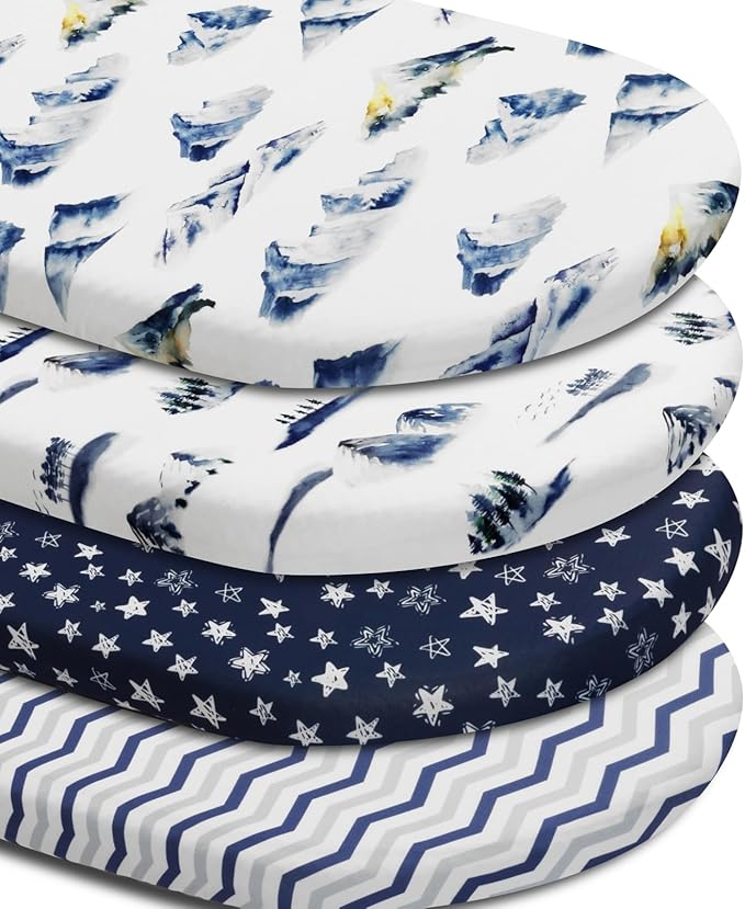 4 Pack Breathable Bassinet Sheets for Baby Boys Neutral Unisex Soft Bassinet Fitted Sheets for Toddler Travel Bassinet (Mountain)