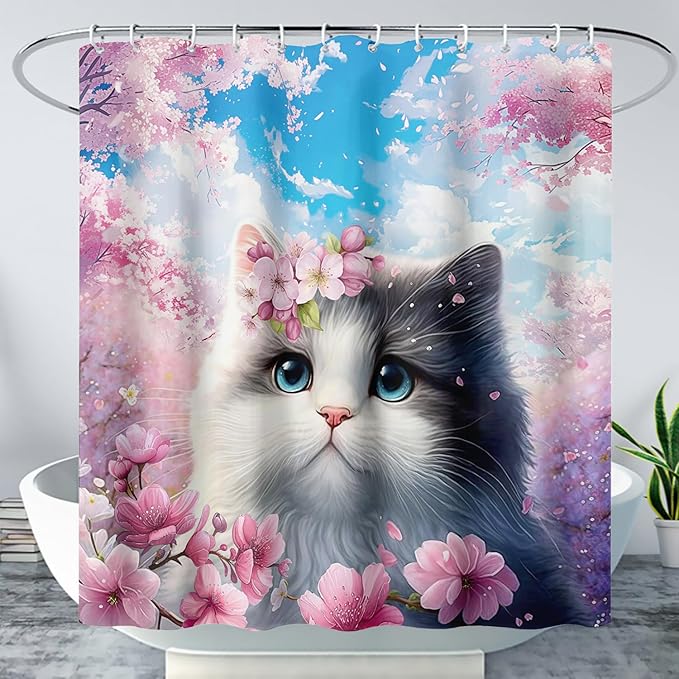 AILONEN Lovely Cat Shower Curtain Set, Pink Cherry Blossom Waterproof Fabric Shower Curtain for Kids Boys Girls,Fat Kitty Cloth Shower Curtain for Bathroom,72" W*78" H