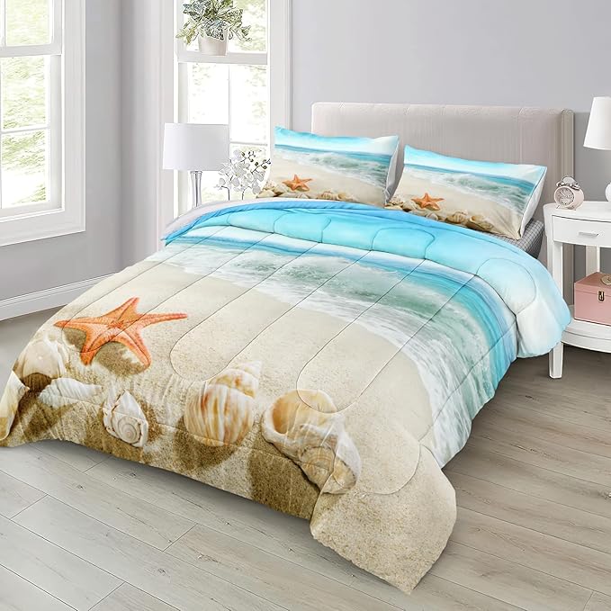 Bedbay Coastal Bedding King Size Beach Comforter Set Boys Girls Beach Room Decor Starfish Seashore Beach Quilt Set 4 Pcs Beachy Duvet Insert Soft Down Comforter for All Seasons(Conch,King)