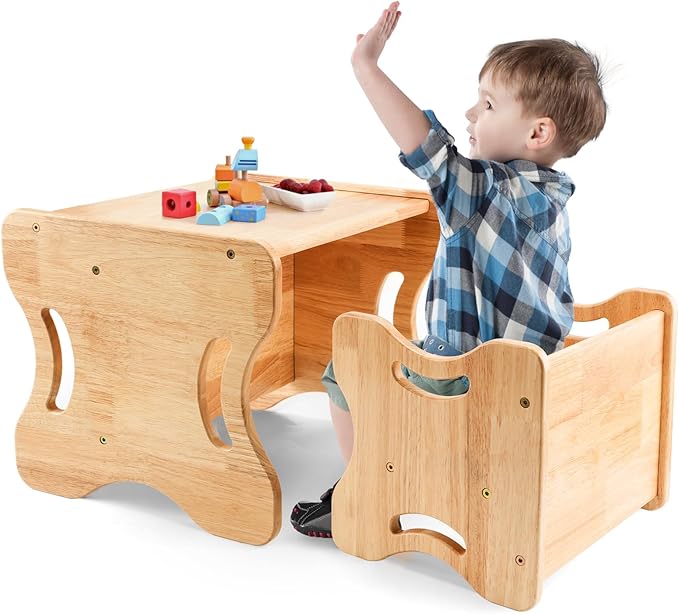 Grebarley Montessori Weaning Table and Chair Set, Solid Wood Tables and Chairs for Toddlers Age 1-3, 2 in 1 Real Hardwood Desk for Reading, Snack Time, Activity Cube, Step Stool, Montessori Furniture