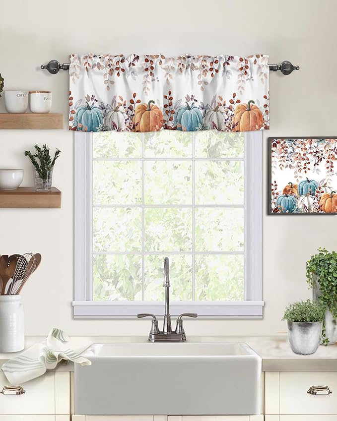 Fall Thanksgiving Kitchen Curtains Valances for Windows Watercolor Autumn Pumpkins Eucalyptus Leaves Rod Pocket Window Treatment for Kitchen /Living Room/Bedroom/ Bathroom,42" X 12", Blue Orange
