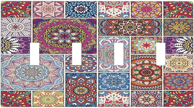 Morocco Talavera Mexican Tiles Printed Colroful Mandala Quad Toggle Light Switch Covers 4 Gang Wall Plate Decorative Switchplate Electrical Faceplate for Kitchen Bathroom Bedroom Decor