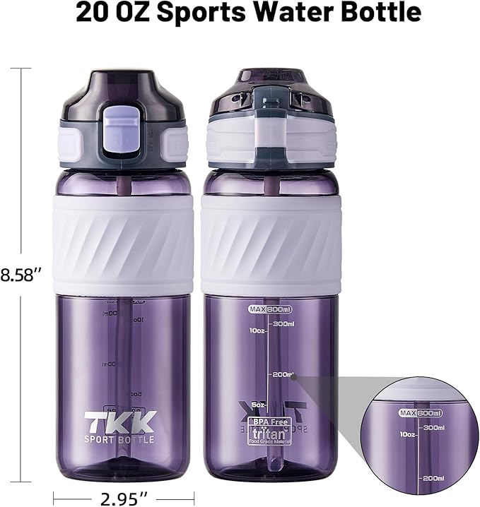 TKK 20oz Sports Water Bottles with Removable Straw Durable BPA Free Tritan Bottles Leak-Proof Water Bottles for School, Fitness, Gym, Outdoor, Purple