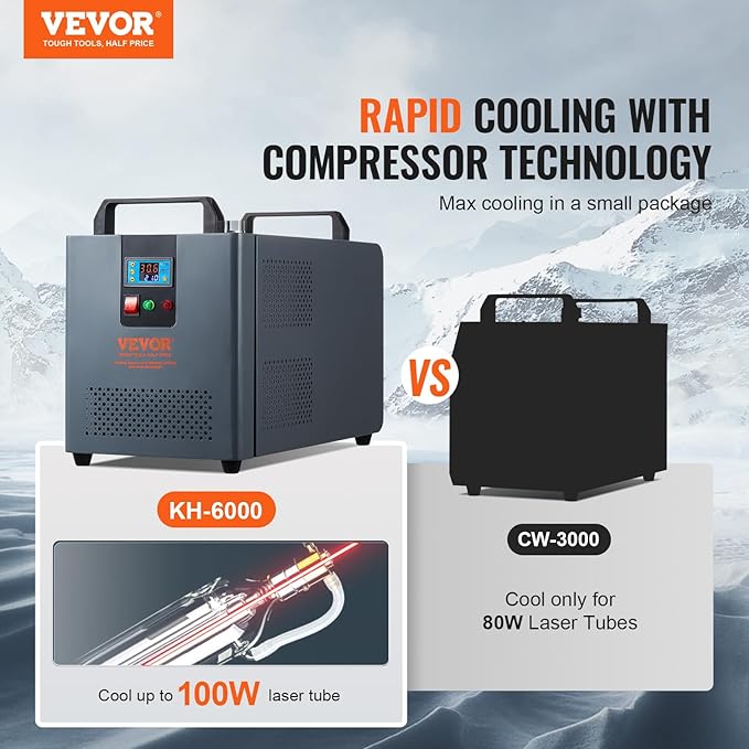 VEVOR Industrial Water Chiller, KH-6000, 200W Industrial Water Cooler Cooling System with Compressor 12 L Water Tank Capacity 7.8 L/min Max Flow Rate, for CO2 Laser Engraving Machine Cooling Machine