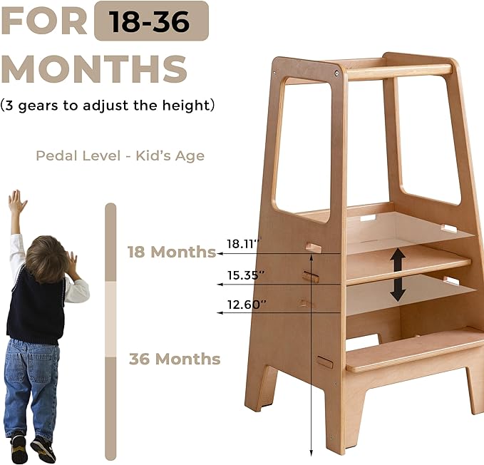 Toddler Standing Tower Wooden Toddler Stool for Kitchen Adjustable Toddler Tower, Winner 2023 of Contemporary Good Design, Montessori Kitchen Tools