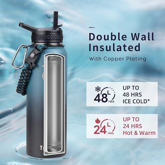 Trebo Water Bottle 40oz with Paracord Handle,Food-grade Double Wall Vacuum Stainless Steel Insulated Jug with Straw Spout Handle Lids, Large Sports Flask Keep Cold & Hot, Ombre: Indigo/Black