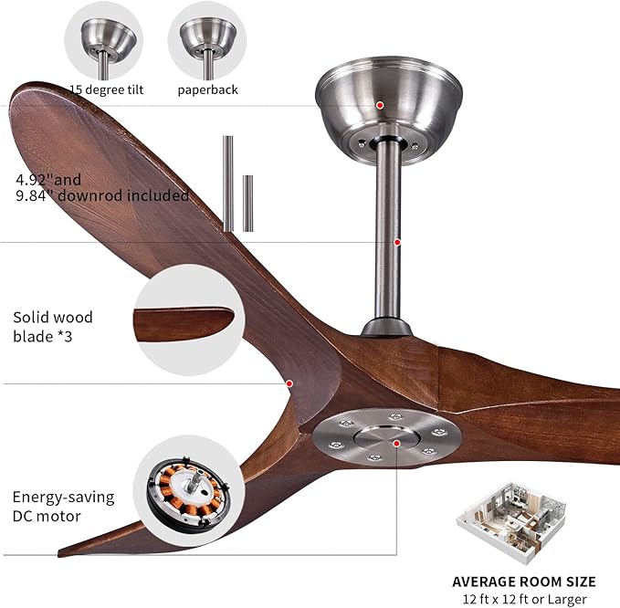 Bigzone 52" Outdoor/Indoor Ceiling Fan NO Light With Remote Control, Energy Efficient DC Motor, 3 Solid Wood Blades,Brushed Nickel Ceiling Fan With Reversible Blades