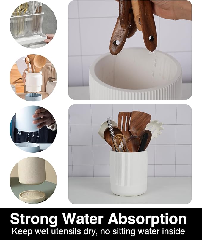 Instant Dry Stone Utensil Holder for Kitchen Counter, H7" Large Diatomite Kitchen Utensil Holder for Countertop, Cooking Utensil Crock with Water Absorbent, Farmhouse Kitchen Counter Decor,White