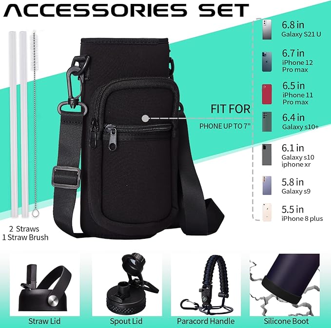 Stainless Steel Water Bottles 32oz - w/Paracord Handle, Straw/Spout Lid, Carrying Case & Protective Boot, Leak Proof Metal Thermo Bottle, Double Wall Vacuum Insulated Bottle Keep Cold 48H & Hot 24H