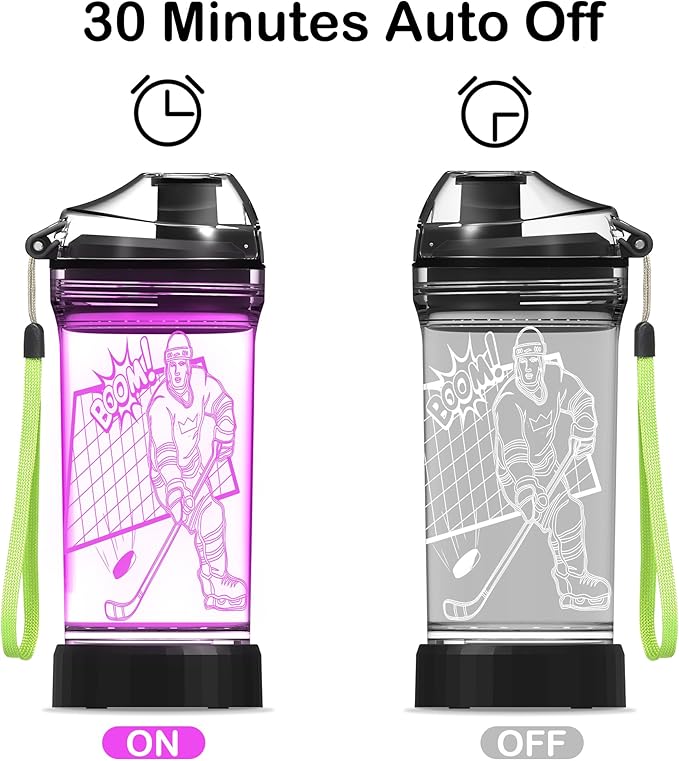 Kids Water Bottle with Ice Hockey Player Design 3D Glowing LED Light-Tritan BPA Free,Perfect for Back-to-School Season, Girls, Boys, Kids, Holiday Camping, Picnic Gifts - 14 oz Travel Mug