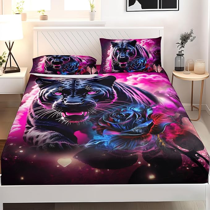 AILONEN Black Panther Fitted Sheet Set Twin XL Size,Red Rose Romantic Smoky Lightning Leopard Print Bed Sheet Set,Safari Animal Cheetah Fitted Sheet and 2 Pillowcases,3 Pieces