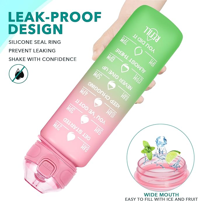 Enerbone 32 oz Drinking Water Bottle with Times to Drink and Straw, Motivational with Carrying Strap, Leakproof BPA & Toxic Free, Ensure You Drink Enough Water for Fitness Gym Outdoor