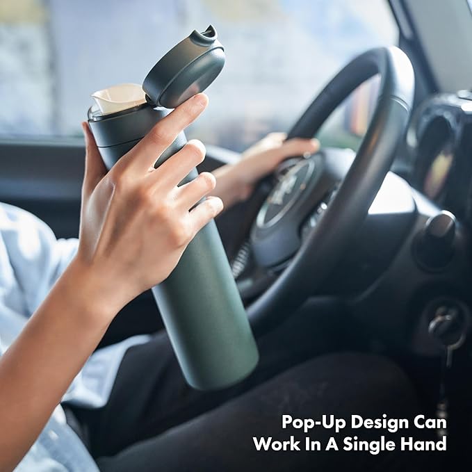 WOKY TICERA 20oz Titanium Ceramic Ultralight Push Button Commuter Bottles - Stainless Steel Vacuum Insulated Tumbler - Everyday Use (Blue)