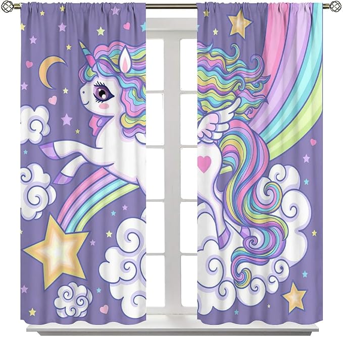 Kids Unicorn Curtains Purple Cartoon Rainbow Cartoon Room Blackout Curtains Boys Girls Baby Room Decor Curtains Living Room Decor 42x45 Inch 2 Panels