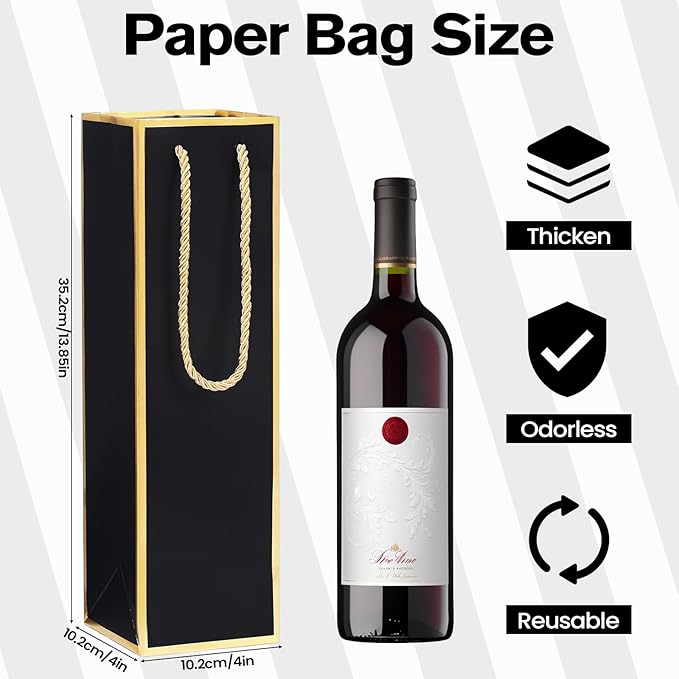 ISKYBOB 10 Packs Wine Gift Bag with Handle, Single Bottle Bags for Wine Kraft Paper Wine Bottle Gifts Box Reusable Gold Foil Gift Wine Bag for Housewarming, Business Dinner, Birthday Party (Black)