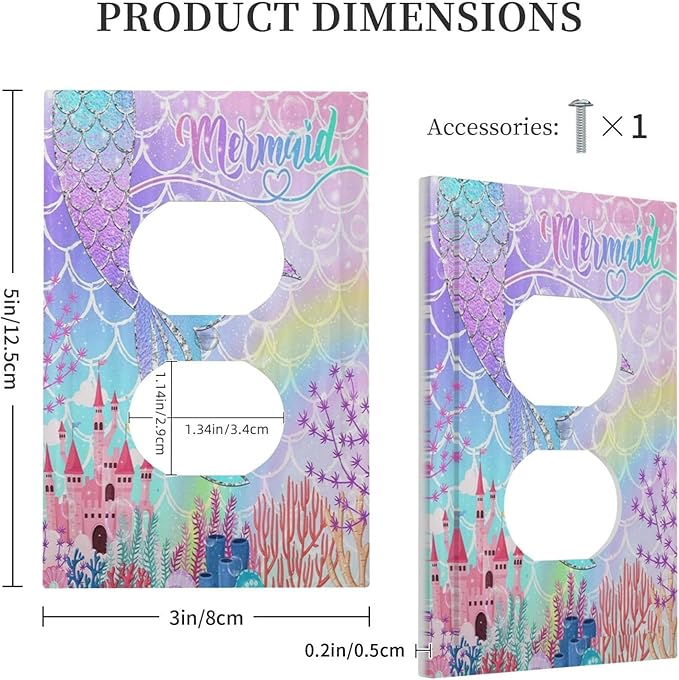 Silvery Glitter Cute Mermaid Tail Fantasy Castle Single Duplex Wall Plate Covers Light Switch Cover 1 Gang Outlet Plate Decorative Switchplate Covers Electrical Faceplate for Kidroom Nursery Decor