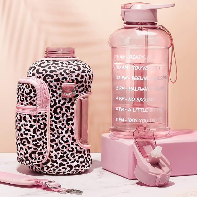 Fimibuke Half Gallon Water Bottle with Sleeve 64 OZ Water Bottle with Handle & Straw Leakproof Motivational Sports Gym Water Bottle with Time Marker BPA Free Water Jug with Reusable Neoprene Holder