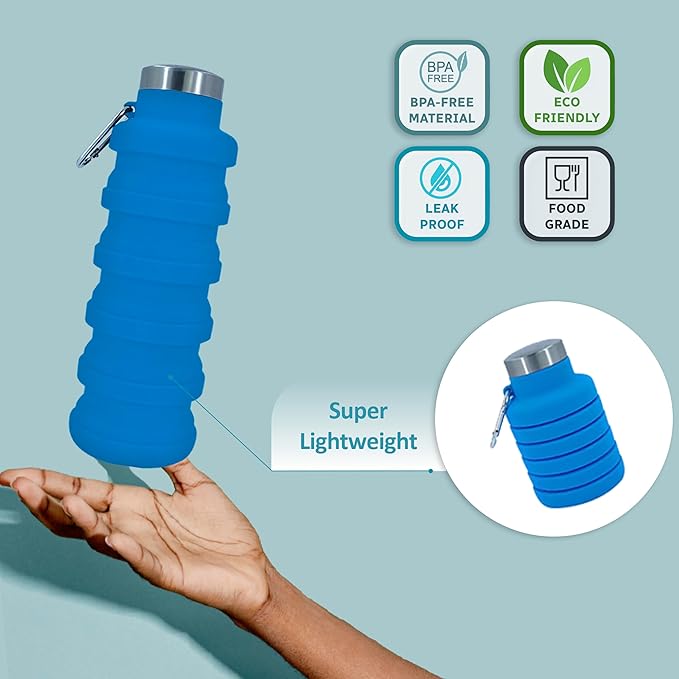 Collapsible Water Bottles 17oz, Odorless BPA-Free Silicone, Leak-Proof Foldable Reusable Bottle - Perfect for Travel Sports Gym Hiking Camping Cycling - Light Blue