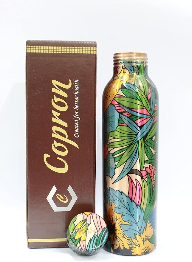 Pure Copper Water Bottle 30 oz 900 ml Leak Proof Ayurvedic 100% Pure Copper Vessel for Drinking - WildFlower Printed Copper Bottle for Sports