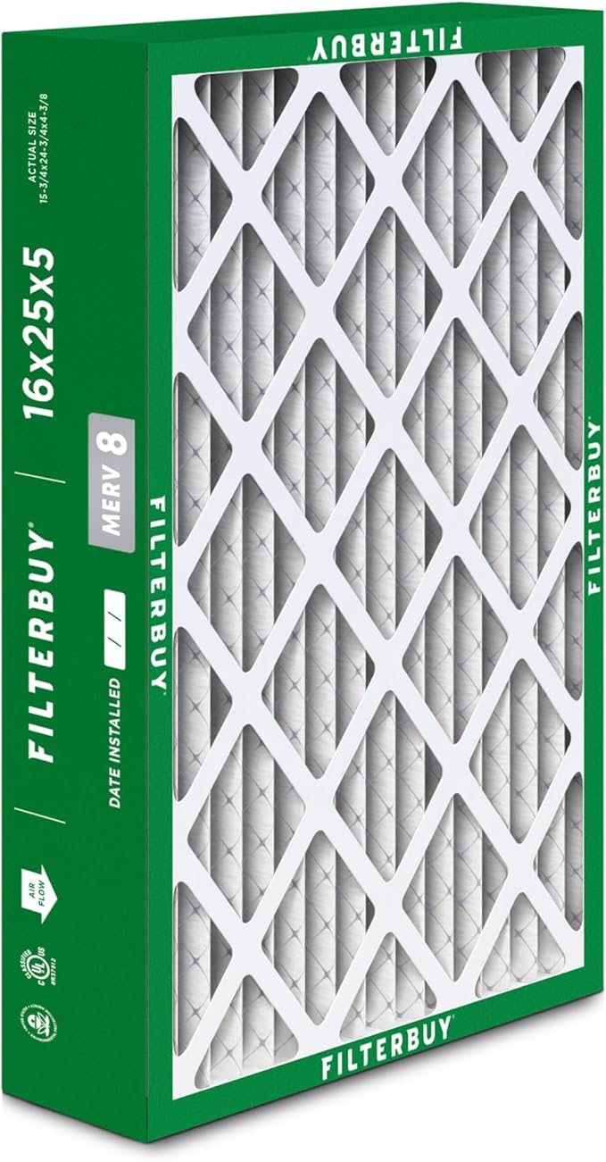 Filterbuy 16x25x5 Air Filter MERV 8 Dust Defense (2-Pack), Pleated HVAC AC Furnace Air Filters for Honeywell FC100A1029, Lennox X6670, Carrier, & More (Actual Size: 15.75 x 24.75 x 4.38 Inches)