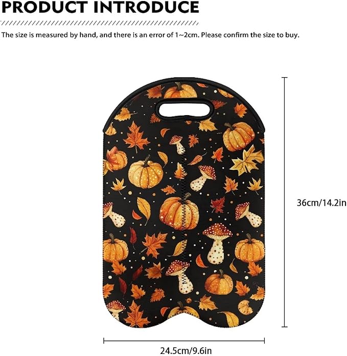 doginthehole 2 Bottle Wine Bag Tote Bag, Fall Maple Leaf Pumpkin Mushroom Neoprene Wine Carrier Tote Bag, Wine Bag for Wine Bottle, Beer Bottle and Water Bottle, Thanksgiving Day Decorations