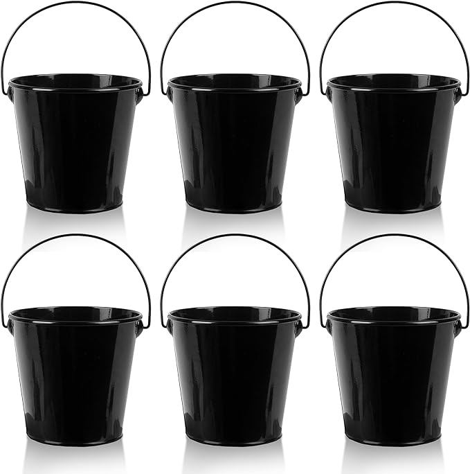 Small Metal Buckets with Handle 6 Pcs – Galvanized Bucket Leak Proof & Rust Resistant 20 fl oz Capacity - Best for Party Décor, Organizing & Decorating Classrooms (Black, Small 4.3" Top)