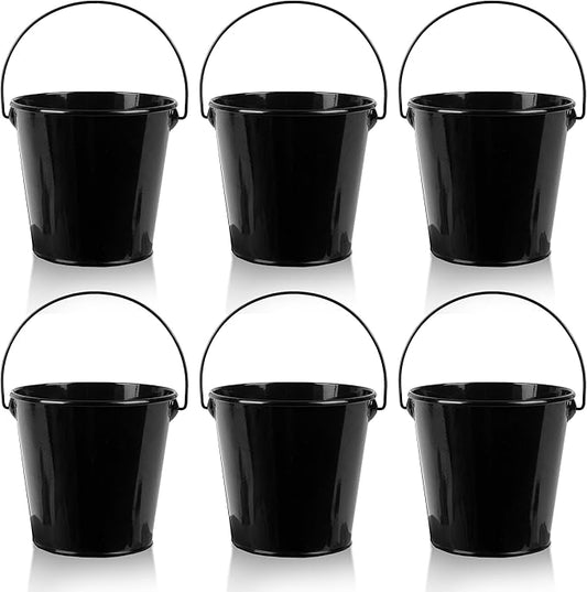 Small Metal Buckets with Handle 6 Pcs – Galvanized Bucket Leak Proof & Rust Resistant 20 fl oz Capacity - Best for Party Décor, Organizing & Decorating Classrooms (Black, Small 4.3" Top)