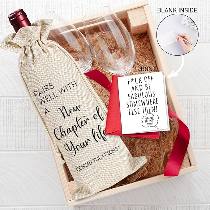YAANUNULU New Beginning New Job Gifts, New Chapter Of Your Life Wine Bag, Going Away Gift for Friends, New Business Owner Gifts, 1 Wine Bag with 1 Coworker Leaving Card