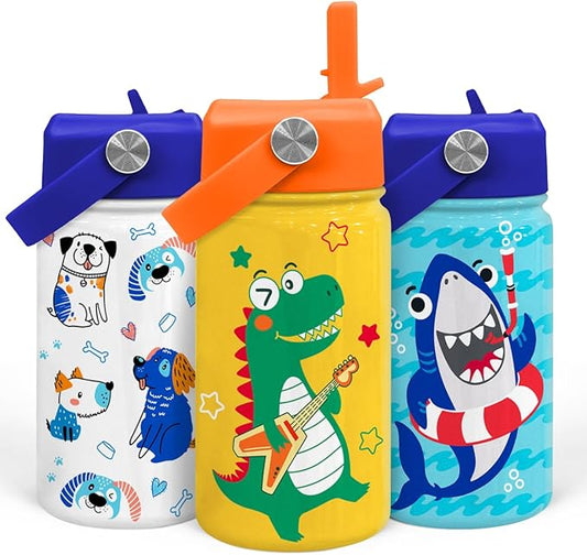Dinosaurs Water Bottle - Dino Kids Water Bottle with Straw Lid - 12 Oz Insulated Stainless Steel Water Bottles for Toddlers Kid Boys - Travel Cup for School Sports