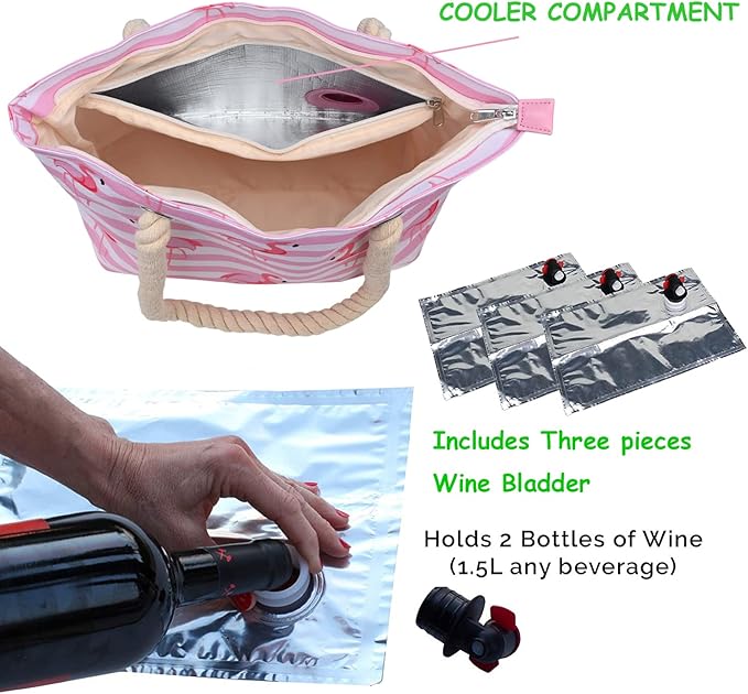Wine Purse with Hidden Spout, Beach Wine Tote Bag for Women with Zipper and Compartments,Leakproof Waterproof Sandproof with Cooler Bags Insulated - 3 x 1.5L replacement Bladder