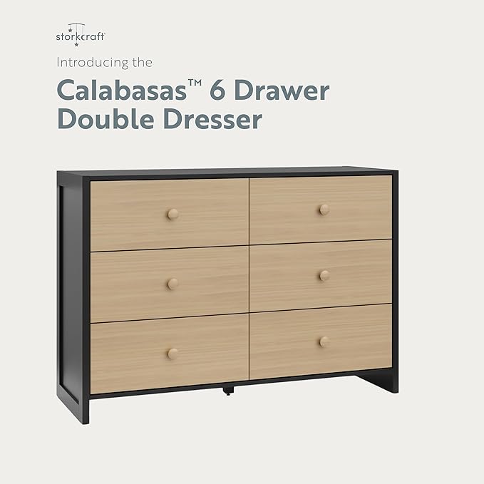Storkcraft Calabasas 6 Drawer Dresser (Black with Driftwood) - GREENGUARD Gold Certified, 6 Drawer Dresser with Interlocking Drawer System, Dresser Drawer Organizer for Kids' Bedroom