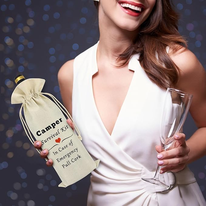 Camper Wine Bag Camping Gift for Camper Funny Camping Wine Bag Gifts Camper Gifts for Men Women Camper Accessories for Travel Trailers Birthday Christmas Graduation Gift Burlap Wine Bottle Cover Bag